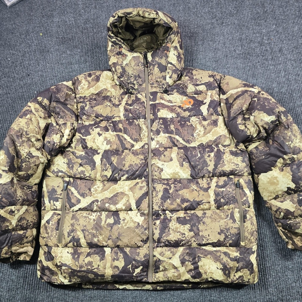 First Lite Chamberlin Jacket Mens 2XL Brown Camo Down Puffer Hooded Hunting